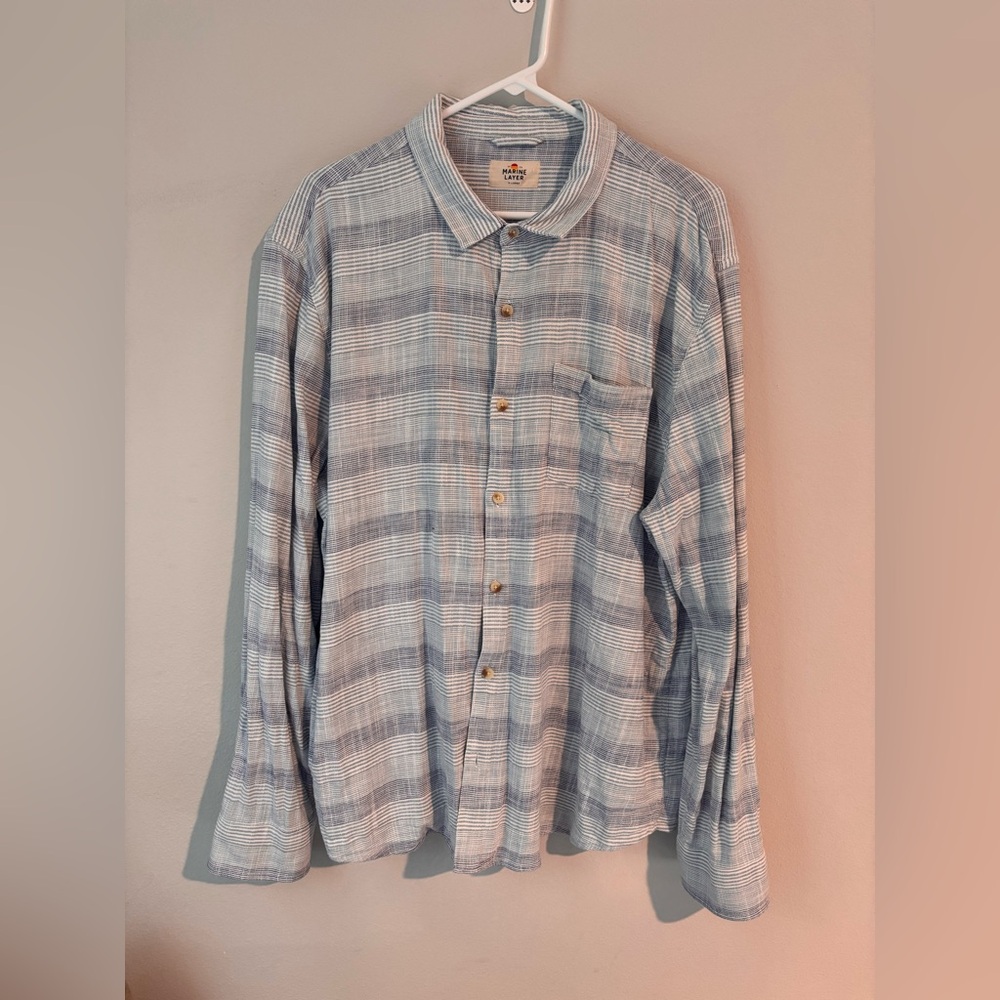 Marine Layer Light Blue and White Plaid Button-Down Shirt